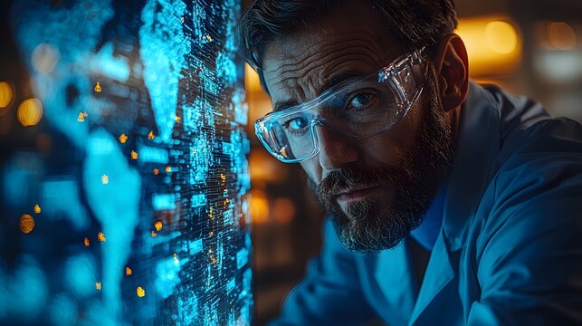 A focused scientist wearing safety goggles analyzes a glowing digital world map displaying global data in a modern lab
