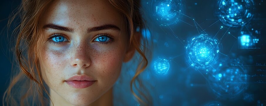 Young woman with striking blue eyes in futuristic digital network symbolizing scientific research and global data analysis