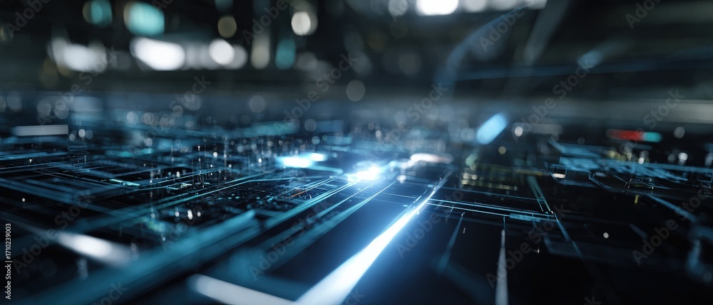 Poster futuristic circuit board with glowing blue lines, representing advanced technology and artificial in