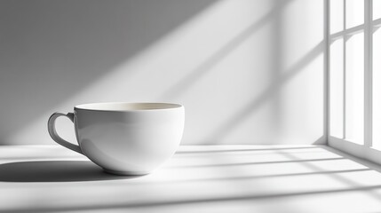 Obraz premium Empty white coffee cup on a white surface by a window