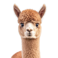 Obraz premium Portrait of a cute baby alpaca front view isolated on transparent background.