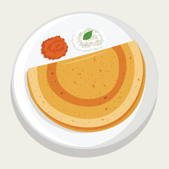 vector flat color of Dosa or rice crepe is a crispy Indian pancake made from fermented rice batter and served with chutneys