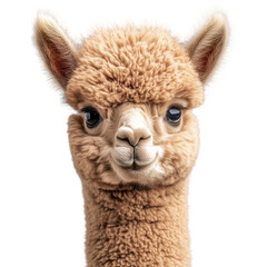 Fototapeta premium Portrait of a cute baby alpaca front view isolated on transparent background.