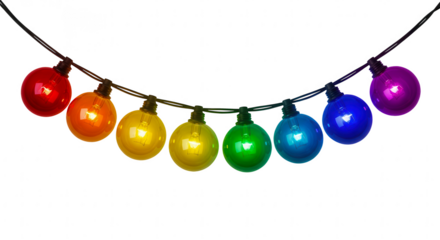 Brightly colored rainbow string lights in a curved line isolated on transparent background