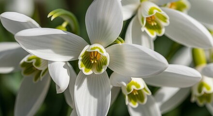 Close-up of delicate white snowdrops in spring.