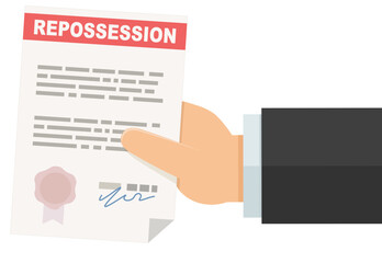 A hand presents a repossession document in flat design style (cut out)