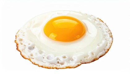 High-resolution image of a sunny side up egg showcasing its vibrant yolk and crispy edges, isolated on white.