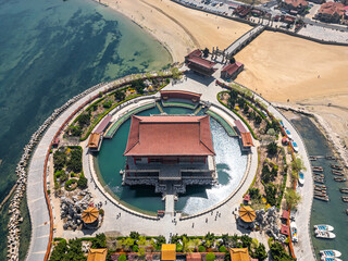 Close up on the Eight Immortals pavilion in Penglai, China, aerial shot