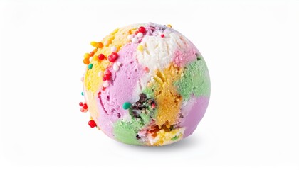 A vibrant scoop of rainbow ice cream with colorful sprinkles, highlighting a mix of flavors and textures on a white background.