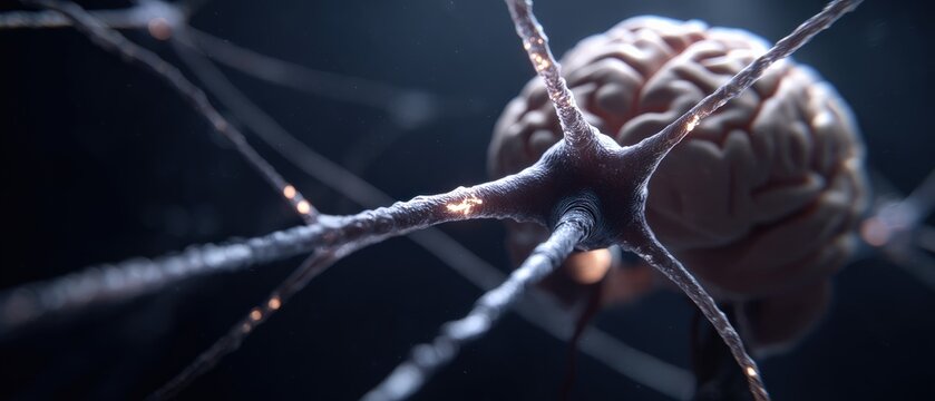 Neuron cell network with human brain, conceptual image of neural connections, synapses, and electrical signals for neuroscience, and neurological research