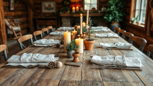 A rustic wooden dining table is set with candles for a holiday feast in a log cabin. - Powered by Adobe