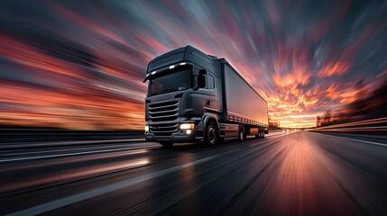 Dynamic action photograph of a semi-truck speeding down an open highway at sunset, with dramatic motion blur creating vibrant streaks of light.