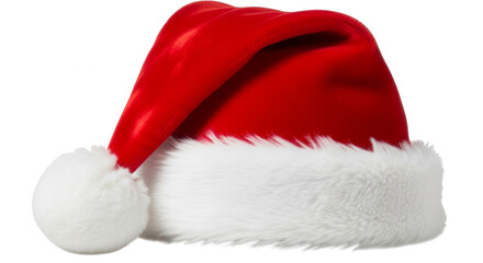 Classic red santa claus hat with white fur trim isolated on transparent background
