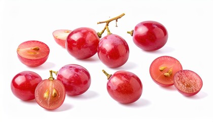 High-resolution image of fresh red grapes, whole and halved, on a white background, highlighting their juicy texture and seeds.