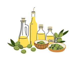 Olive products composition. Oil and canned berries in can, glass bottle on plate, branches with leaves, premium quality, extra virgin, healthy cooking vector cartoon flat style isolated illustration