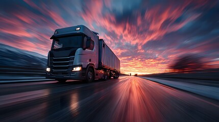 Dynamic action photograph of a semi-truck speeding down an open highway at sunset, with dramatic motion blur creating vibrant streaks of light.