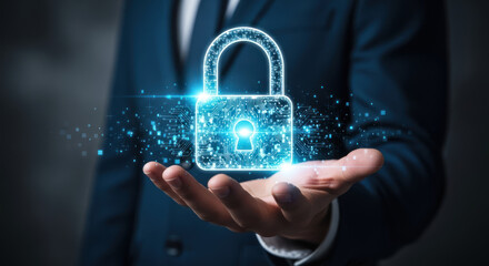 Businessman holding a glowing digital padlock hologram, representing cybersecurity, data protection, and network safety.