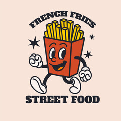 Happy french fries. Fast food character. Vintage potato mascot waving hands. Hot and tasty cafe and restaurant label or emblem. Poster or card. Comic funny vector cartoon flat isolated illustration