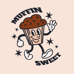 Happy muffin. Fast food sweet chocolate dessert character. Vintage mascot waving hands. Hot and tasty cafe and restaurant label or emblem. Poster or card. Vector cartoon flat isolated illustration