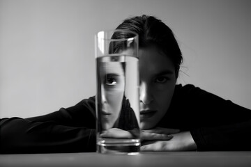 Woman with thoughtful expression looking through a glass of water in a minimalist setting during daytime