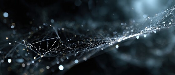 Abstract spiderweb with water droplets glistening in the dark, creating a network of connections and intricate design Concept of nature, fragility, and interconnectedness