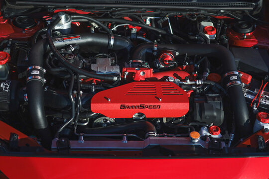 Red Grimmspeed Subaru wrx engine parts in Beaufort, South Carolina, September 13, 2025