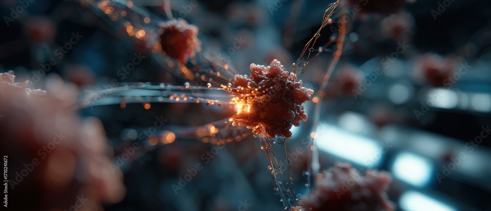Poster microscopic view of neuron cell network with glowing synapses, depicting neural connections and brai
