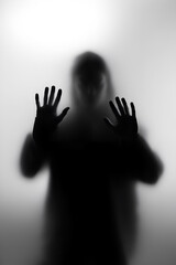 Person pressing hands against a foggy surface in a mysterious setting during a moody atmosphere