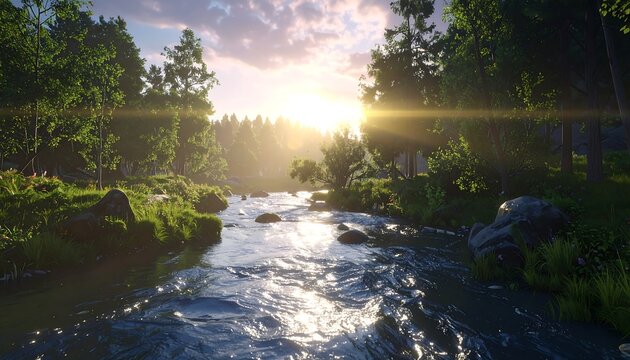 Forest stream at sunset