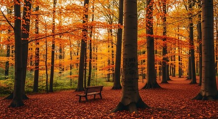 Autumnal Forest Scene with Wooden Bench.
