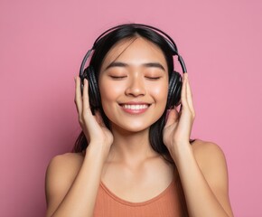Fototapeta premium A woman with a joyful expression wears headphones and happily listens to music against a backdrop of vibrant pink.