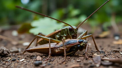 Ground level close-up: Large armoured bush cricket drags dead cricket