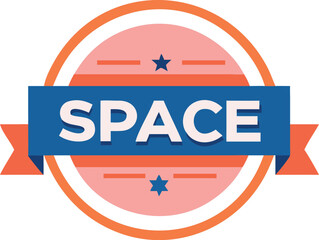 Obraz premium A circular badge with the word SPACE in white letters on a blue ribbon, framed by orange and pink elements and stars