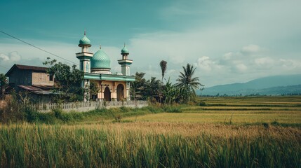 A beautiful mosque with a tall minaret stands peacefully in the middle of green rice fields with mountains in the background.