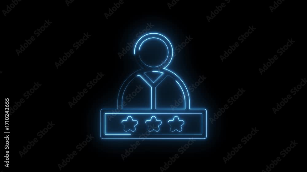 Poster glowing neon user profile icon with rating stars animation on black background