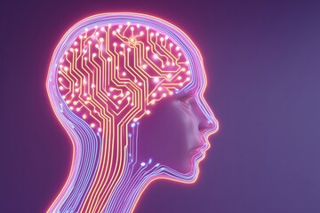 Futuristic AI concept with glowing circuits blending into human brain silhouette