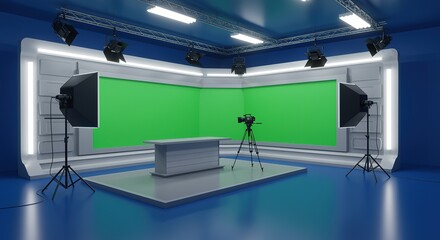 Modern Television Studio Set with Green Screen and Lighting tv broadcast chroma key news desk camera video production background