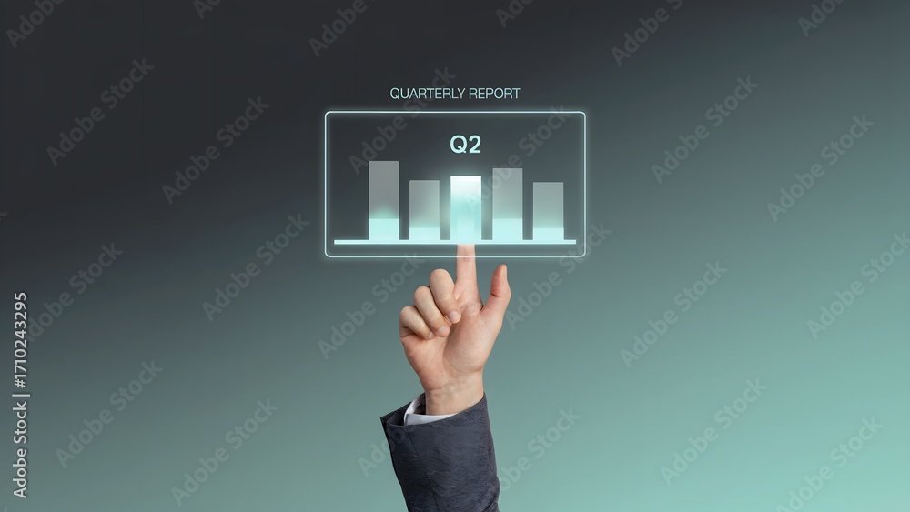 Wall mural data visualization: a professional's hand interacts with a luminous bar graph representing q2 financ