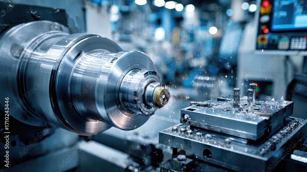Poster advanced precision machining process in a modern industrial workshop with metal shavings and machine