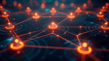 Floating holographic nodes form a glowing network connecting geometric shapes for team collaboration