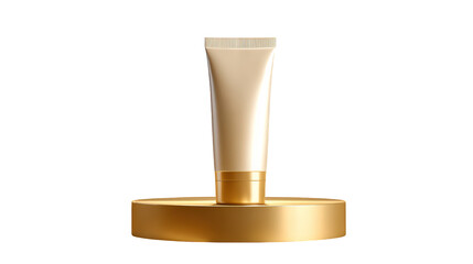 Realistic sunscreen tube displayed on golden pedestal, showcasing sleek design without any logos or text. product exudes elegance and sophistication, perfect for skincare enthusiasts