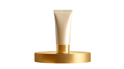 Realistic sunscreen tube displayed on golden pedestal, showcasing sleek design without any logos or text. product exudes elegance and sophistication, perfect for skincare enthusiasts