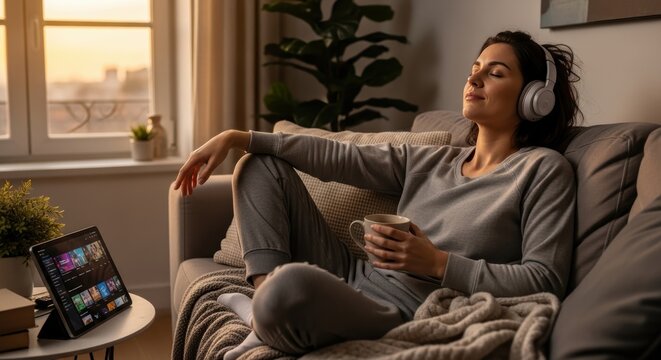 Peaceful woman relaxing on a sofa, listening to music with headphones in a cozy evening setting. Serene female enjoying a moment of self-care with a hot drink and audio, hand on chest for mindfulness.