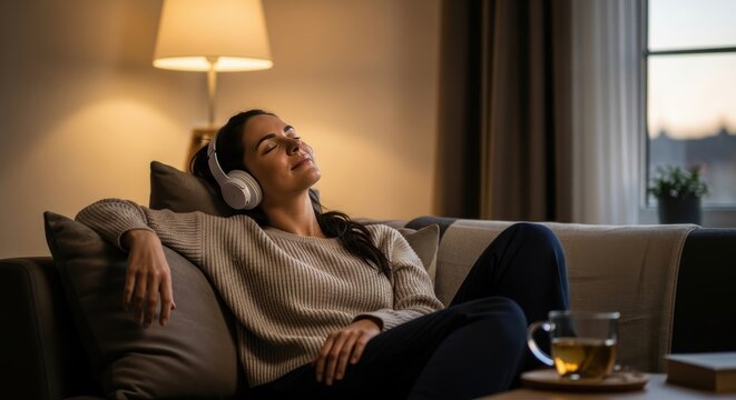 Peaceful woman relaxing on a sofa, listening to music with headphones in a cozy evening setting. Serene female enjoying a moment of self-care with a hot drink and audio, hand on chest for mindfulness.