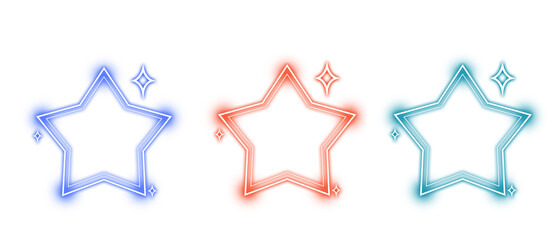 Colorful Neon Star Vector Set Illustration, Blue Red Cyan Glowing Star Frame Vector Art, 
Bright Neon Star Outline with Sparkles Vector Design