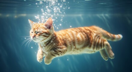 Cute Orange Cat Swimming Underwater.