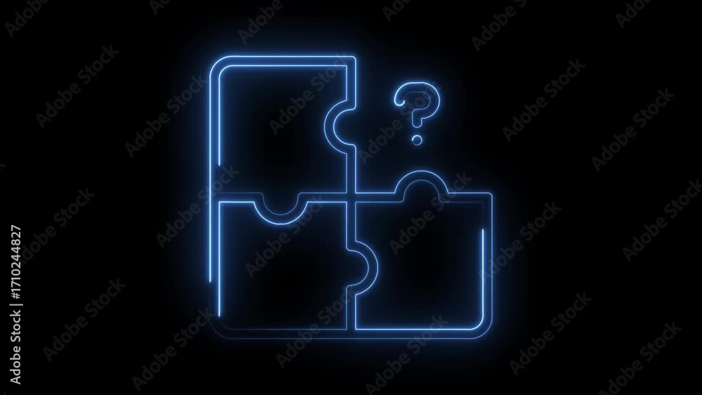 Poster glowing neon puzzle pieces with question mark concept animated on black background for business solu