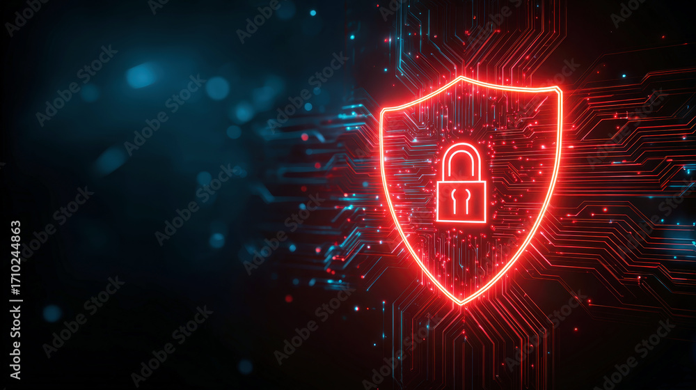 Aufkleber red shield with lock symbol on digital circuitry background design