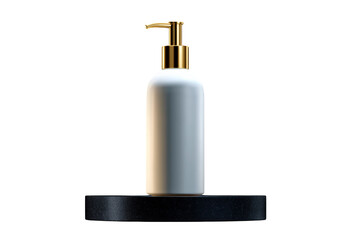 Sleek, modern body lotion pump bottle with gold pump top, elegantly displayed on dark circular pedestal. This design emphasizes simplicity and sophistication, perfect for skincare products