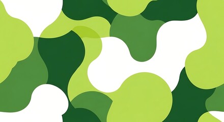 A vibrant pattern of overlapping, organic shapes in shades of green and white creates a dynamic, calming visual effect.